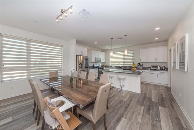 dining room featuring sink and hardwood / wood-style flooring