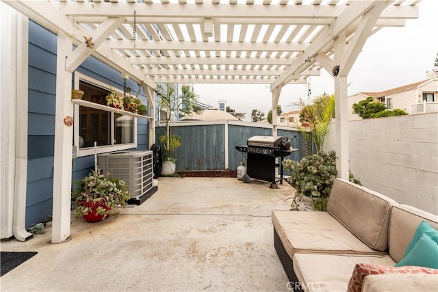 view of patio with cooling unit, area for grilling, and a pergola