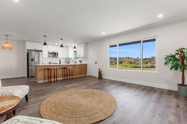 living room with dark hardwood / wood-style floors and sink