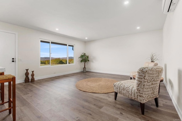 living area featuring a wall mounted AC and wood-type flooring