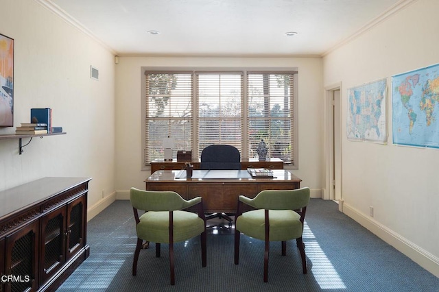 carpeted home office with ornamental molding