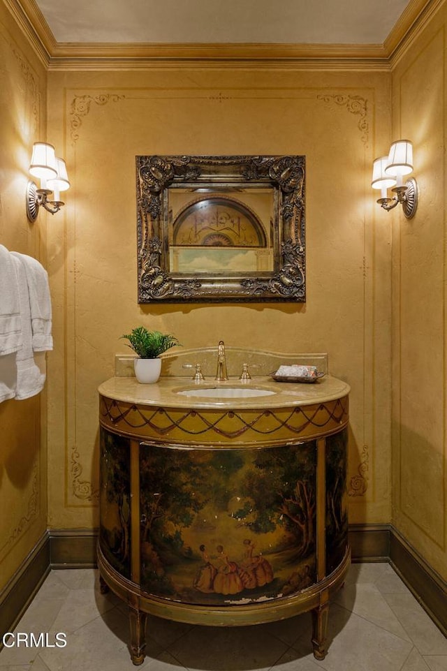 790 Huntington Cir, Pasadena, CA 91106 - bathroom featuring tile patterned floors, ornamental molding, vanity, and baseboards