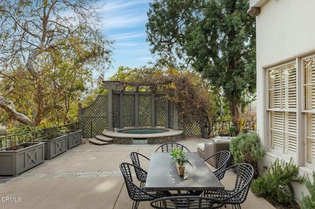 790 Huntington Cir, Pasadena, CA 91106 - view of patio with an outdoor hot tub, a pergola, fence, and outdoor dining area