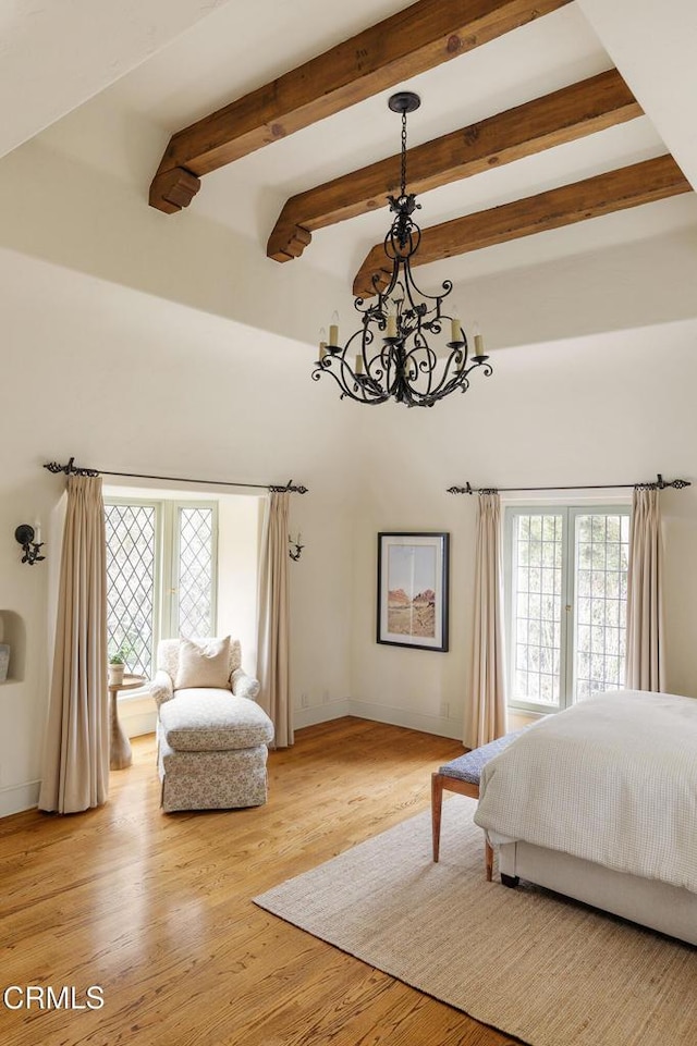 790 Huntington Cir, Pasadena, CA 91106 - bedroom with a chandelier, beamed ceiling, light wood finished floors, baseboards, and a towering ceiling