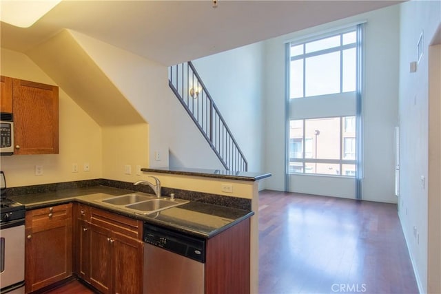 kitchen featuring kitchen peninsula, appliances with stainless steel finishes, sink, and dark hardwood / wood-style flooring