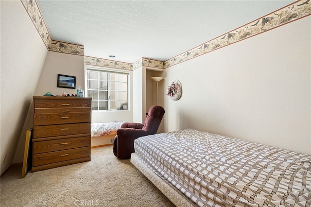 carpeted bedroom with a textured ceiling