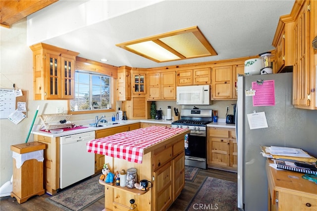 kitchen featuring sink, appliances with stainless steel finishes, dark hardwood / wood-style floors, and a center island