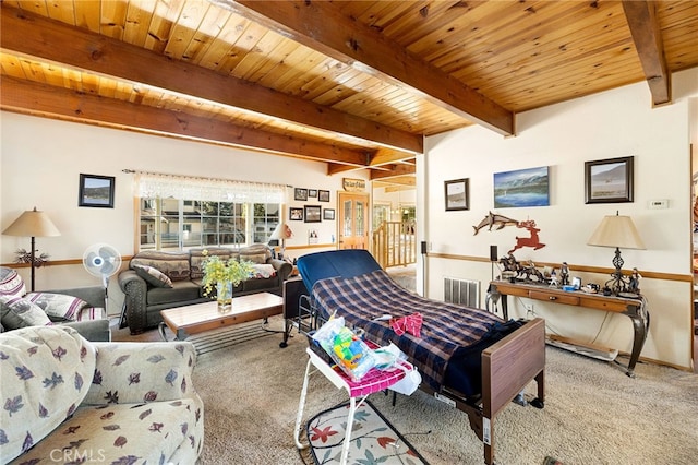 living room featuring wooden ceiling, carpet, and beamed ceiling