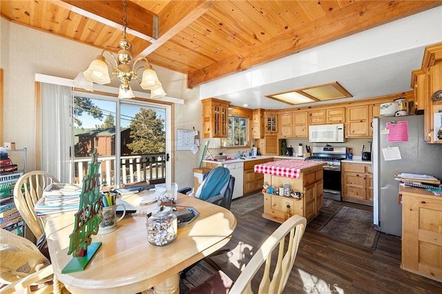 dining area featuring wood ceiling, dark hardwood / wood-style flooring, beamed ceiling, an inviting chandelier, and sink