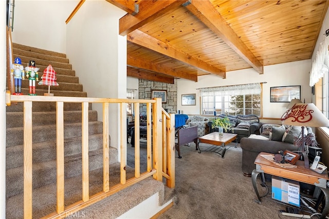 living room featuring a fireplace, wooden ceiling, beamed ceiling, and carpet flooring