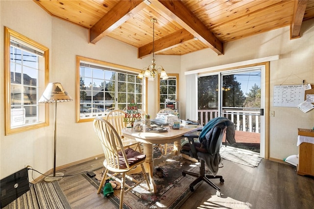 sunroom with beamed ceiling, wood ceiling, and a notable chandelier