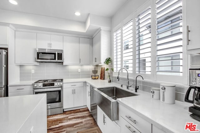 kitchen featuring tasteful backsplash, sink, stainless steel appliances, and white cabinetry