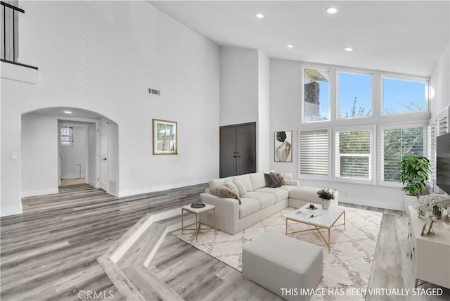 living room featuring light hardwood / wood-style floors and a high ceiling