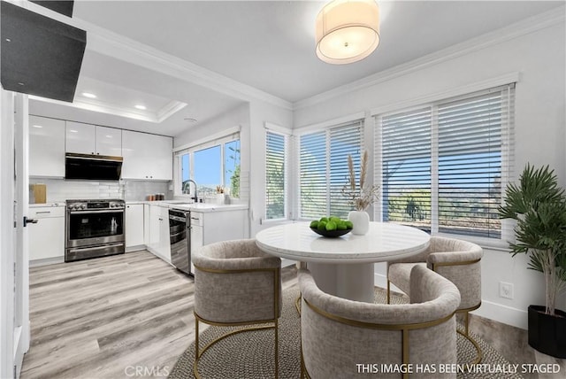 kitchen featuring a wealth of natural light, white cabinets, stainless steel range, and sink