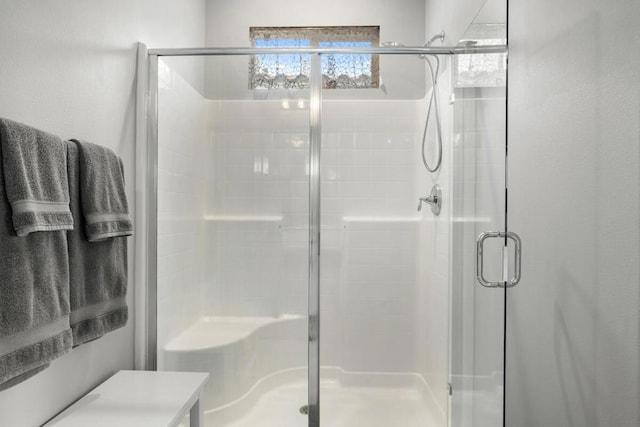 bathroom featuring a shower with door