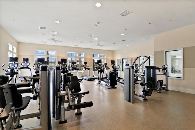 exercise room featuring ceiling fan