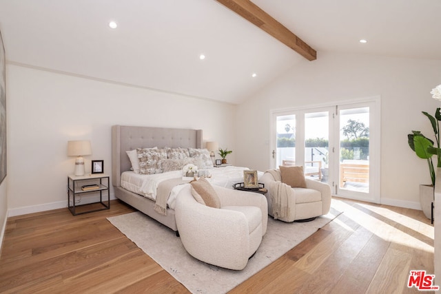 bedroom with access to outside, vaulted ceiling with beams, light wood-type flooring, and french doors