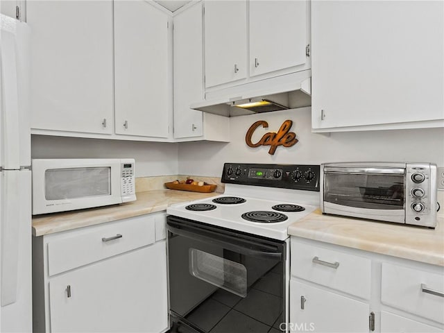 kitchen with white cabinetry and white appliances