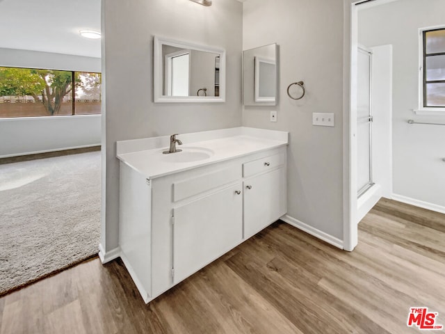 bathroom featuring vanity, a shower with door, and hardwood / wood-style floors