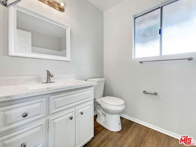 bathroom with hardwood / wood-style flooring, vanity, and toilet