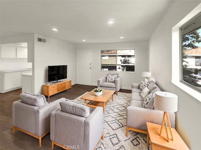 living room with dark wood-type flooring and plenty of natural light