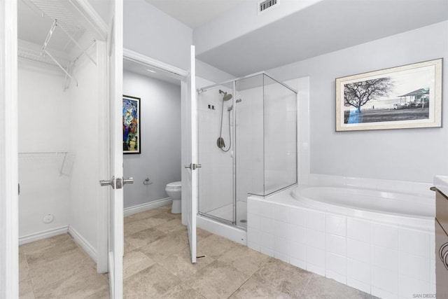 full bathroom with toilet, vanity, and plus walk in shower