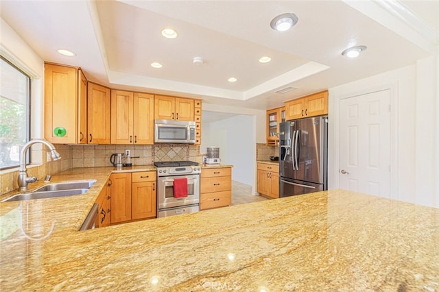 kitchen featuring kitchen peninsula, appliances with stainless steel finishes, sink, and a tray ceiling