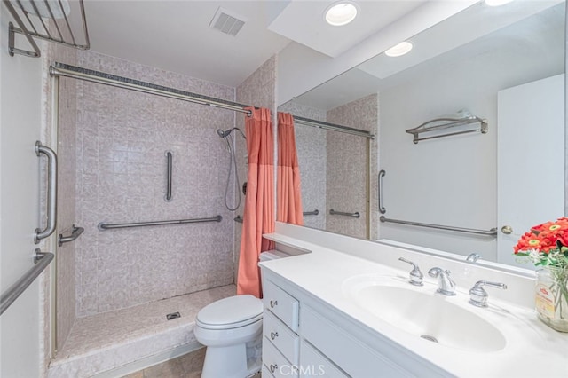 bathroom with toilet, a shower with shower curtain, tile patterned flooring, and vanity