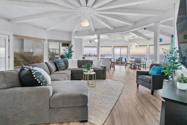 living room with lofted ceiling with beams and hardwood / wood-style flooring