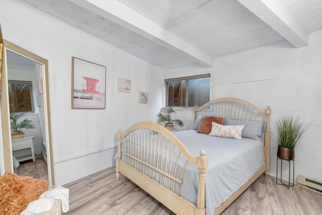 bedroom featuring light hardwood / wood-style floors, a baseboard radiator, beam ceiling, and wood ceiling