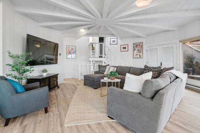 living room featuring light hardwood / wood-style flooring and beamed ceiling