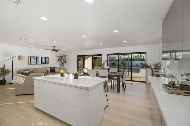 interior space with ceiling fan, light wood-type flooring, and plenty of natural light