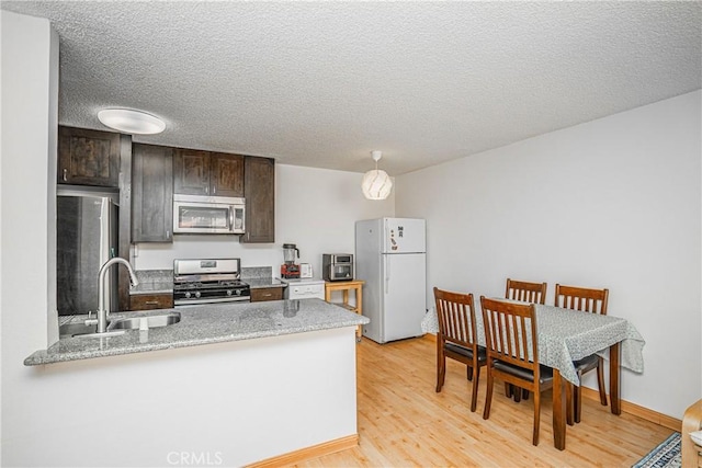 kitchen featuring light hardwood / wood-style floors, appliances with stainless steel finishes, dark brown cabinets, light stone countertops, and sink