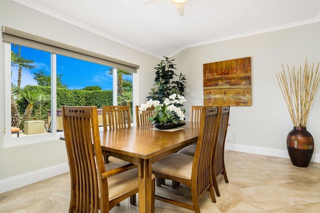 dining room featuring ceiling fan and crown molding