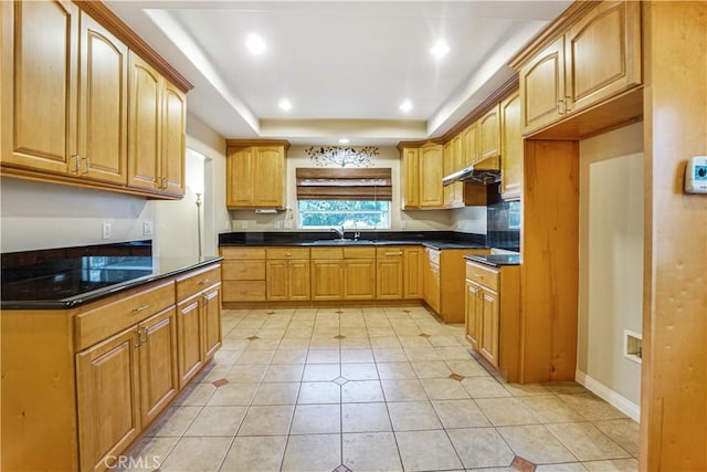 kitchen featuring sink, a raised ceiling, and light tile patterned floors