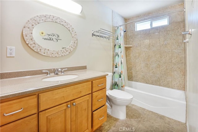 full bathroom featuring tile patterned floors, toilet, vanity, and shower / bath combination with curtain