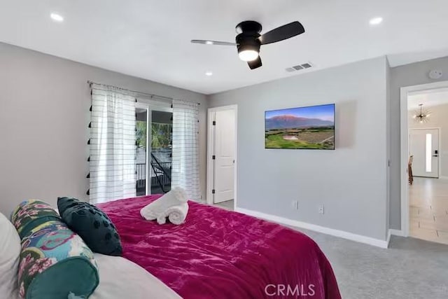 bedroom with ceiling fan, access to exterior, and carpet flooring