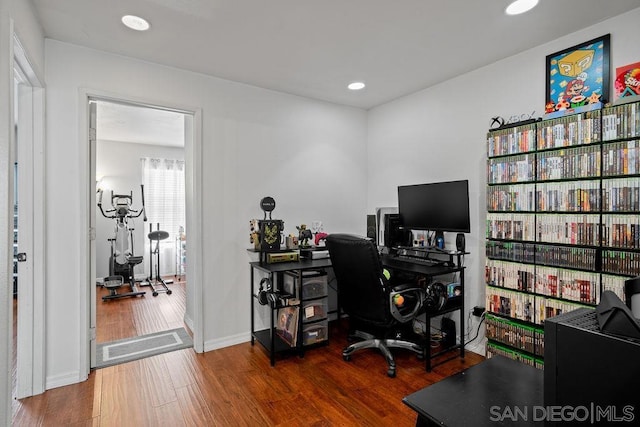 home office featuring dark hardwood / wood-style floors