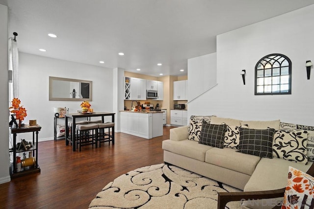 living room featuring sink and dark hardwood / wood-style flooring