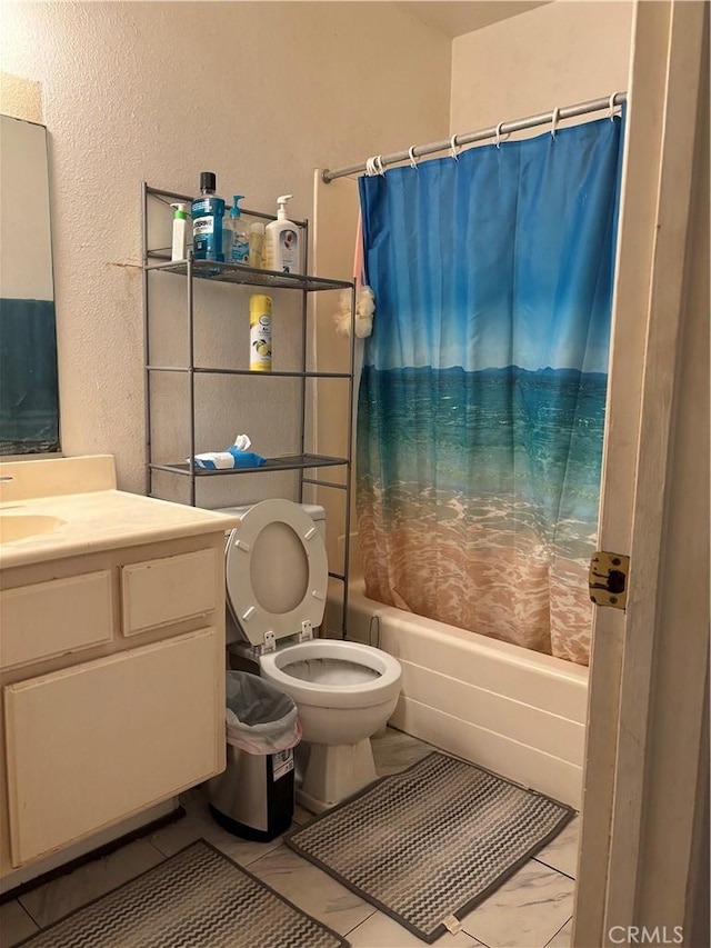 full bathroom featuring toilet, vanity, and shower / tub combo with curtain