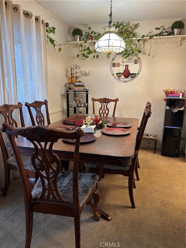 dining room featuring carpet and a textured ceiling