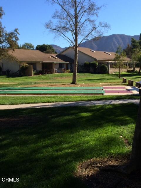 view of community featuring a mountain view and a yard