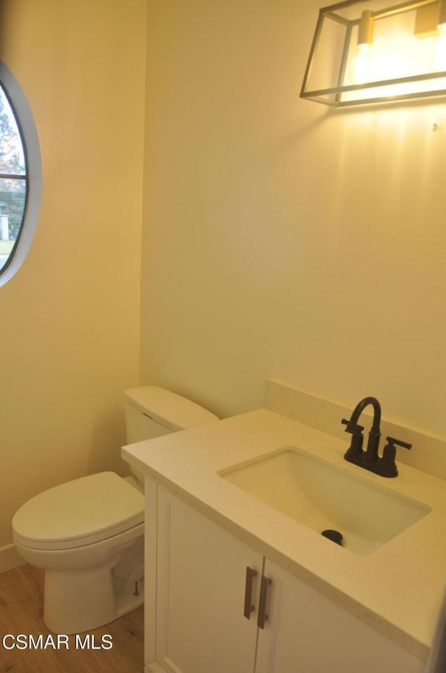 bathroom with vanity, hardwood / wood-style floors, and toilet