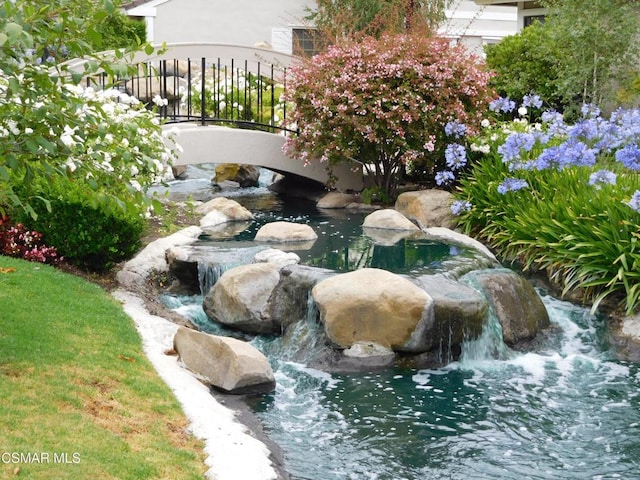 view of yard featuring a small pond