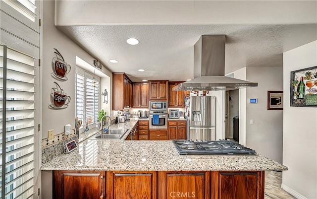 kitchen featuring sink, kitchen peninsula, ventilation hood, and stainless steel appliances