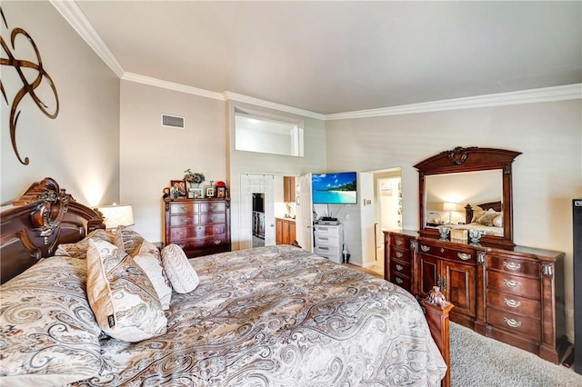 carpeted bedroom featuring crown molding