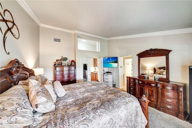 carpeted bedroom with crown molding