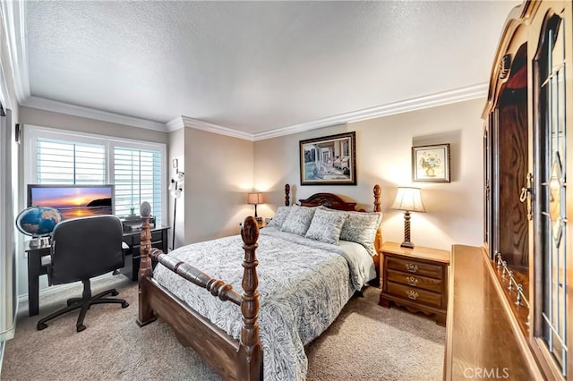 carpeted bedroom with a textured ceiling and ornamental molding