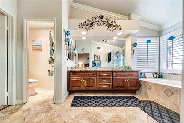 bathroom featuring lofted ceiling, vanity, toilet, tiled bath, and crown molding