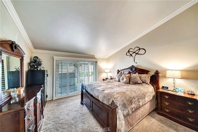 bedroom featuring access to outside, ornamental molding, and light carpet